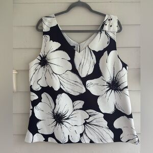 Talbots Black and White Primrose Floral V- Neck Shell Top With Bow Women’s 16